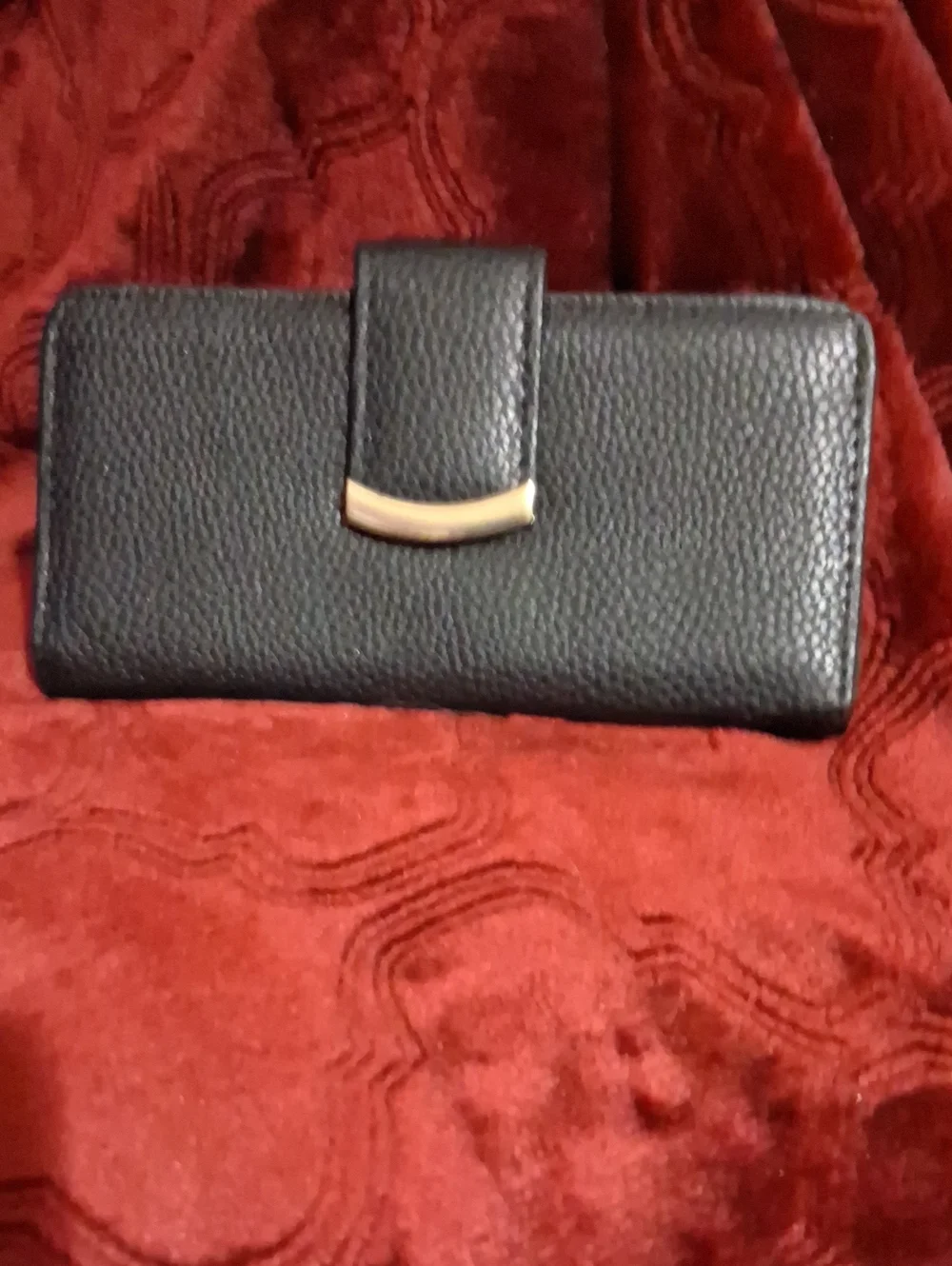 Black Pebbled Leather Clutch Wallet with Gold Accent